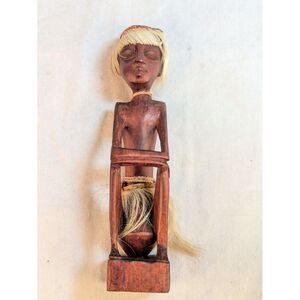 Hand Carved Wood Statue Tribal African Seated Closed‎ Eyes Man 15 Inch